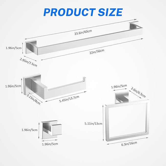 5 Pieces Brushed Nickel Towel Bar Set Bathroom Hardware Accessories Set Include 23.6 Inch Towel Bar Toilet Paper Holder Towel Ring Coat Hooks SUS304 Stainless Steel Wall Mounted Towel Holder Set