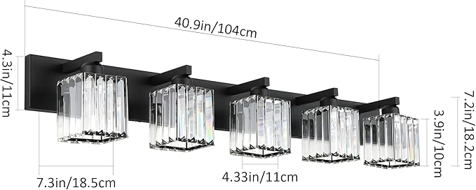 Aipsun Bathroom Vanity Light Black Light Fixtures 5 Light Crystal Vanity Light Modern Bathroom Lighting (Exclude Bulb)