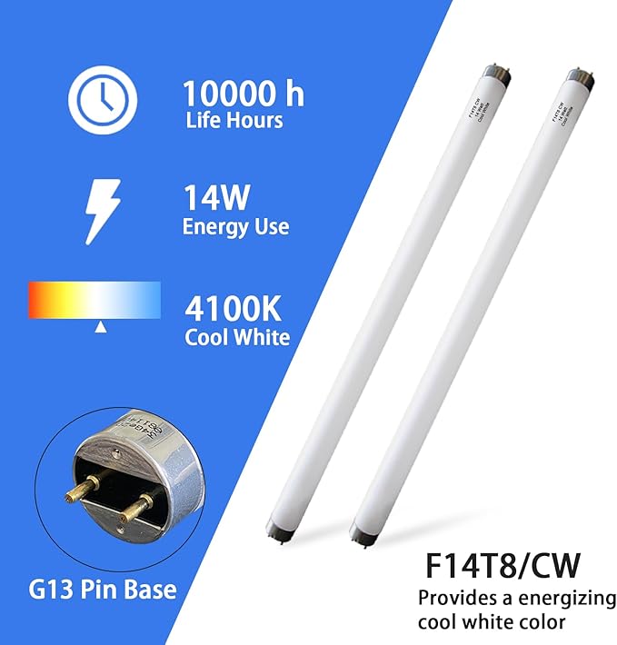 Valoisa 4Pack F14T8/CW 14W 15 Inch T8 4100K Linear Fluorescent Light Bulb,14 Watts, G13 Medium Base,T8 Tube,14 3/4" MOL,1" Dia,4100K Cool White