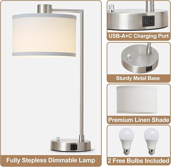 Luvkczc Table Lamps for Living Room with USB C+A Ports - Fully Stepless Dimmable Bedsides Lamp with Linen Lampshade, Lamps for Night Stands Bedroom Reading Office, 2 LED Bulbs Included (Silver)
