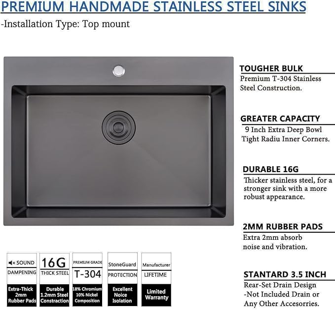 SHACO 28 Inch Black Drop In Stainless Steel Kitchen Sink, Gunmetal Black Top Mount RV Laundry Utility 9 Inch Deep Single Bowl Basin Wet Bar Prep Sink