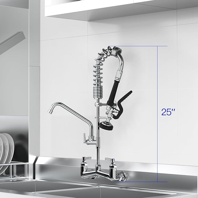 Commercial Faucet with Pre-Rinse Sprayer : 25" Height 8" Adjustable Center Wall Mount Commercial Kitchen Sink Faucet with Pull Down Spray & 10" Add-on Swing Spout for 1/2/3 Compartment Sink