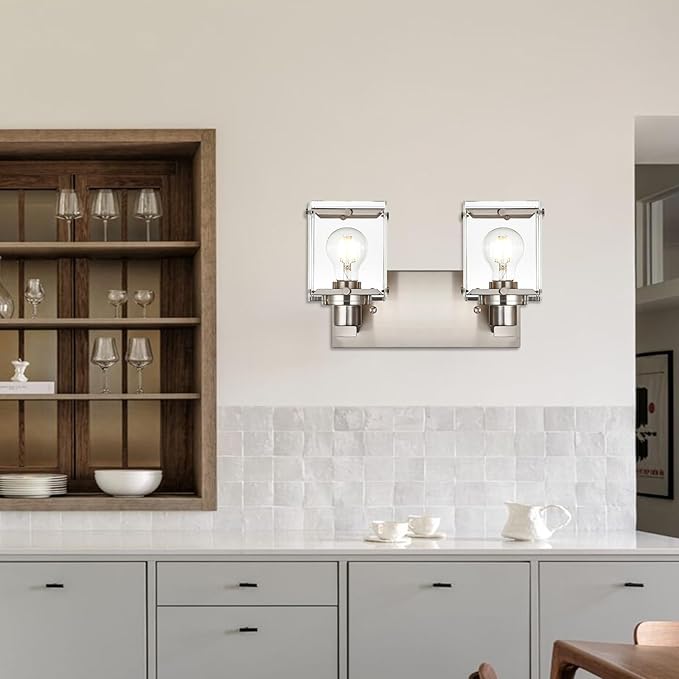 2-Lights Wall Sconce Lighting E26 Bulb Base, Modern Brushed Nickel Bathroom Vanity Light for Over Mirror Bedroom Cabinet, Wall Light Fixtures with Clear Glass Shades