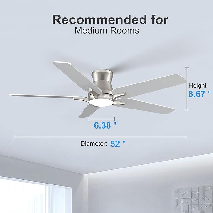 52 Inch Ceiling Fans with Lights and Remote, Brushed Nickel Flush Mount Low Profile Ceiling Fan for Bedroom, Living Room, Patio, Dimmable 6 Speeds Noiseless, ETL Listed