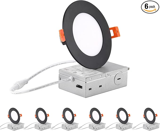 ZYC recessed Lighting 4 inch - 6Pack 9W 800LM High Brightness,5CCT 2700K/3000K/3500K/4000K/5000K Selectable,Ultra-Thin LED Recessed Ceiling Light,Dimmable Canless Wafer Downlight,Pack of 6 Black.