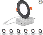 ZYC recessed Lighting 4 inch - 6Pack 9W 800LM High Brightness,5CCT 2700K/3000K/3500K/4000K/5000K Selectable,Ultra-Thin LED Recessed Ceiling Light,Dimmable Canless Wafer Downlight,Pack of 6 Black.