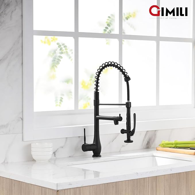 GIMILI Matte Black Kitchen Faucet with Pull Down Sprayer Single Handle High Pressure Kitchen Sink Faucet Commercial Double-Headed Kitchen Faucets
