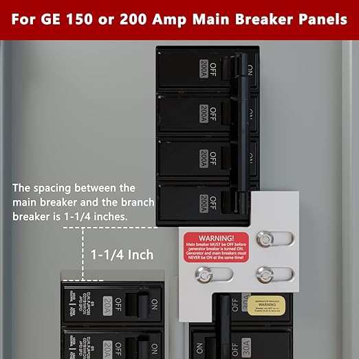 Generator Interlock kit Compatible with General Electric GE 150/200 Amp Panels, Professional Interlock kit, 1 1/4" Distance Between Main and Branch Circuit Breakers(GE-200A)