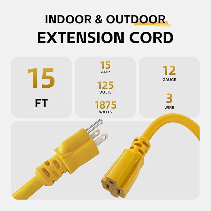 15 Ft Outdoor Extension Cord - 12/3 SJTW Heavy Duty Yellow Extension Cable with 3 Prong Grounded Plug - Power Cord for Lawn, Garden, Appliances