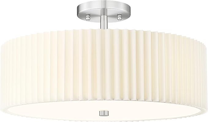 Semi Flush Mount Ceiling Lights, 4-Light 18" Ceiling Light Fixture with White Pleated Fabric Shade, Brushed Nickel Drum Lamp for Nursery Hallway Bedroom Kitchen, AD-25036-4SF-SN