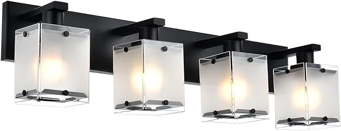 4-Lights Bathroom Vanity Lighting Over Mirror, Black Bathroom Wall Light Fixtures with Frosted Rectangular Glass Shade for Bath Living Room, E26 Bulb Base
