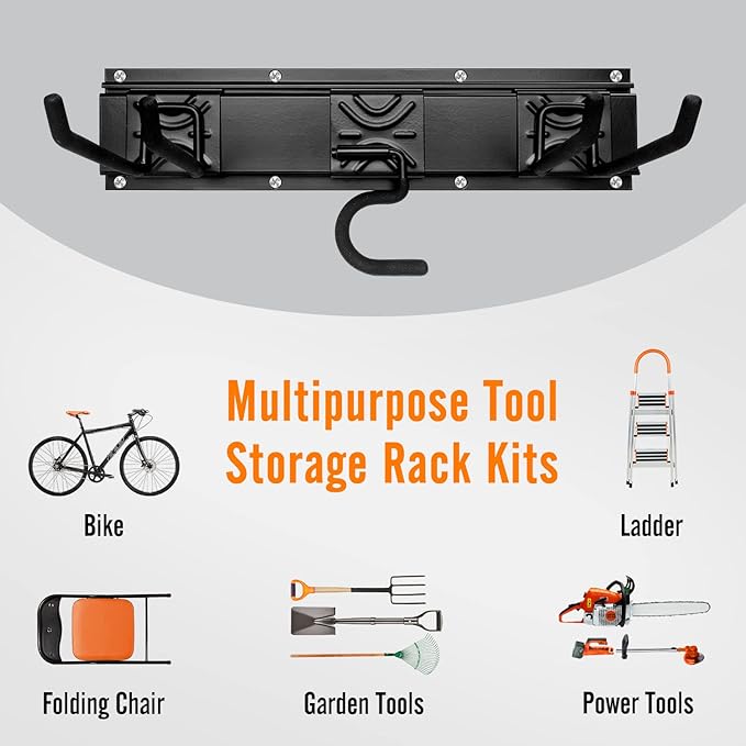 Tool Rack Kits, Garage Wall Organization Hanger with 1 Mop Hook and two 8-inch Multi-Purpose Hooks, Garden Yard Shovels Rakes for String Hedge Trimmer Brooms Hoses Folding Chairs ladders, and More