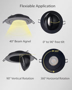 Gimbal LED Recessed Light - 4 Inch Black 9W 360° Rotation Directional Adjustable Eyeball Sloped Ceiling Recessed Lighting 4 inch Light Wafer Soffit Indoor Spotlight Canless Black 4 inch 6 Pack