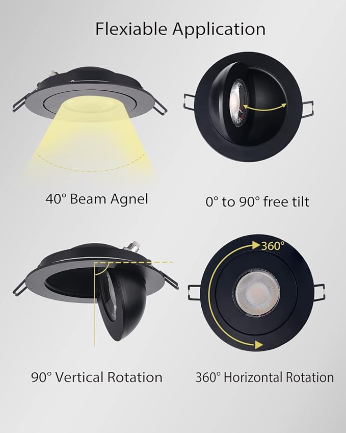 Gimbal LED Recessed Light - 4 Inch Black 9W 360° Rotation Directional Adjustable Eyeball Sloped Ceiling Recessed Lighting 4 inch Light Wafer Soffit Indoor Spotlight Canless Black 4 inch 6 Pack