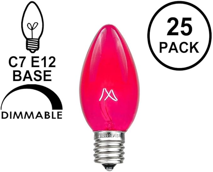 Novelty Lights Christmas Replacement Bulbs - Outdoor Individual Bulbs for Events, Holiday Parties, Patios, and More - C7/E12 Candelabra Base, 5 Watt Lights (Pink, 25 Pack)