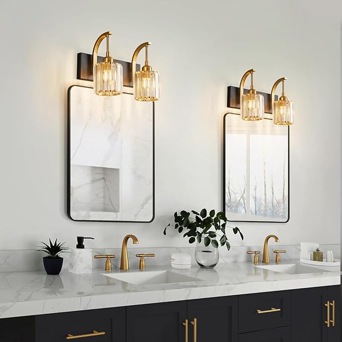 Bathroom Crystal Vanity Lights 2-Light Black Gold Wall Lamp Modern Crystal Bathroom Light Fixtures Over Mirror 13.77" Long Wall Sconce