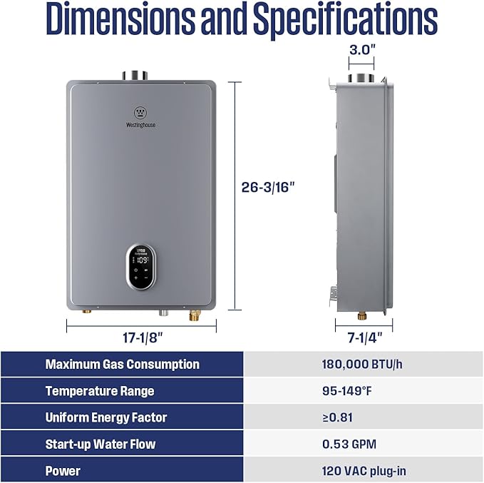 Westinghouse Natural Gas Tankless Water Heater Indoor Installation Max 7.9 GPM 180,000 BTU, WIFI Enable Temp Self Modulating Non Condensing High Efficiency for House or Commercial, APOLO Performance