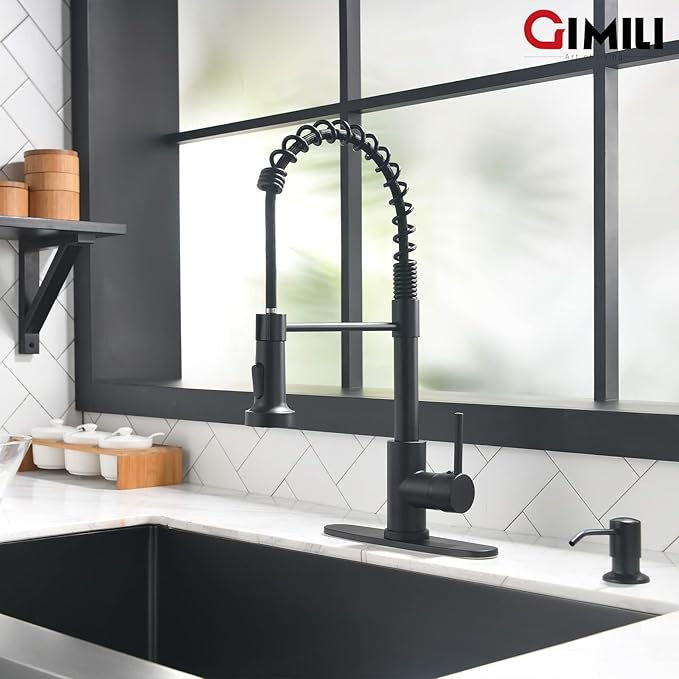 GIMILI Matte Black Kitchen Faucet with Soap Dispenser, Commercial Single Handle Spring Pull Out Kitchen Sink Faucets with Pull Down Sprayer