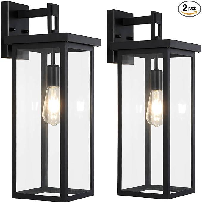 tewei 2 Pack Large Size Outdoor Wall Lantern Exterior Wall Light Fixture, 20 In Matte Black Porch Light Waterproof Outdoor Lights for House with Clear Glass Shade, E26 Base Exterior Sconces for Garage