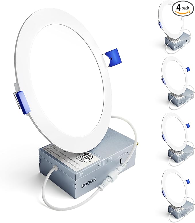 Ensenior 4 Pack 6 Inch LED Recessed Light, Dimmable, 5000K Daylight, 1050LM High Brightness, 12W 120V, Damp Rated, Ultra-Thin Canless Wafer Ceiling Light - ETL & FCC & IC