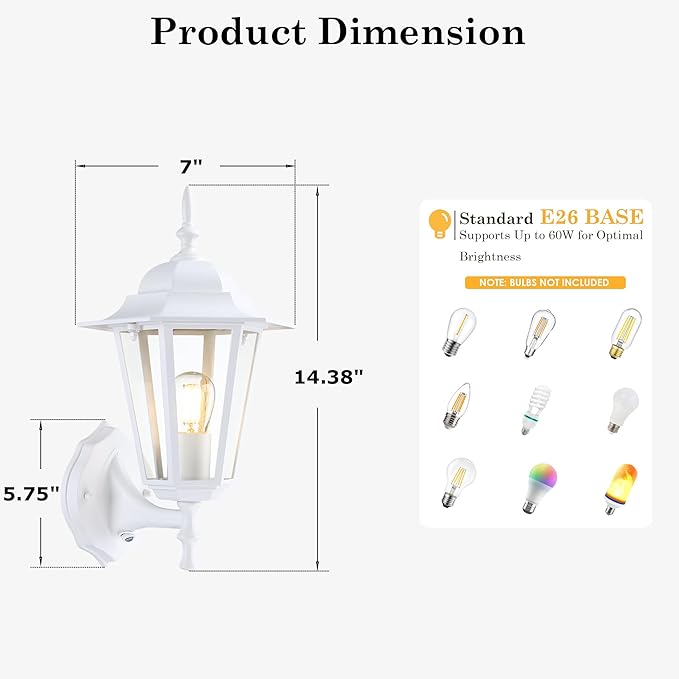 GRUENLICH Dusk to Dawn Outdoor Wall Sconce, Exterior Front Porch Lighting with Clear Glass, White Aluminum Outside Coach Light for Patio Doorway Garage, 2 Pack
