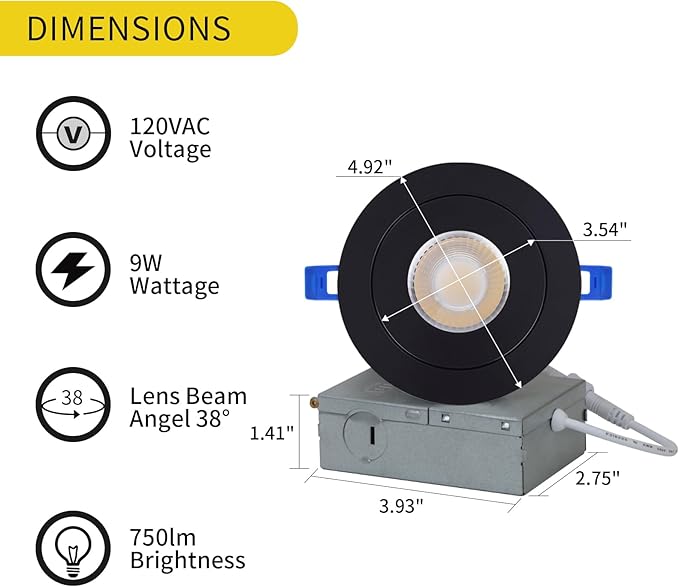 Black Gimbal Recessed Lighting 4 Inch 6 Pack, Ajustable Eyeball recessed Light with Junction Box,5 Color Selectable,Airtight,9W 750LM,Dimmable,Black