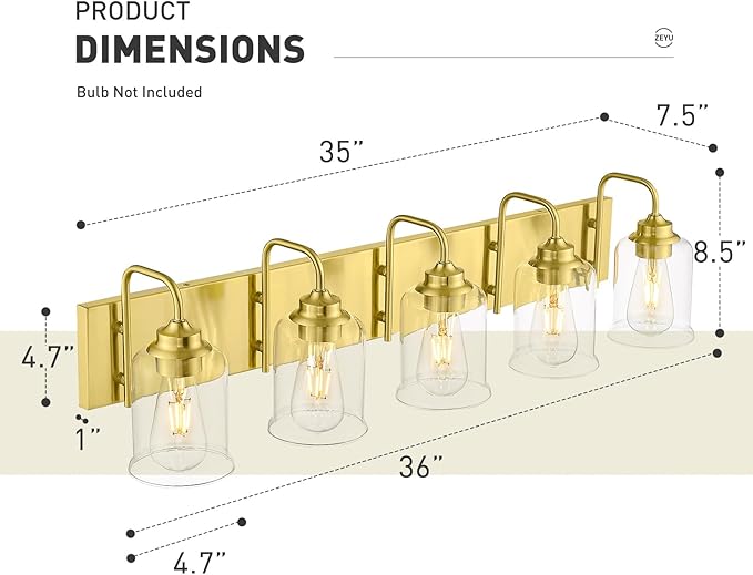 zeyu 36 Inch Bathroom Lighting Fixtures Over Mirror, Vintage Bathroom Light Fixtures, 5-Light Bathroom Light with Clear Glass Shade, Brushed Gold Finish, ZSL72B-5W BG