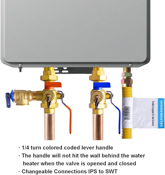 Hydro Master Tankless Water Heater Service Valve Kit with Pressure Relief Valve Included 2 pcs SWT Connections, 1-Inch IPS Isolator Clean Brass