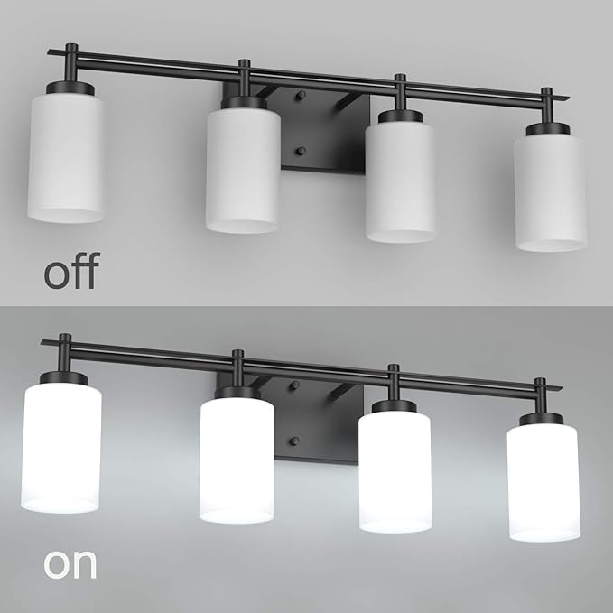 Aipsun Vintage Bathroom Vanity Light Black Bathroom Light Fixtures 4 Lights Milky White Glass Shade Industrial Wall Light (Exclude Bulb)