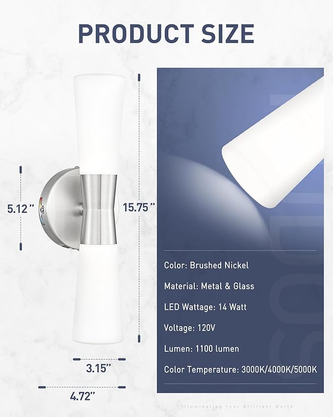 kudos Wall Sconces 16inches Brushed Nickel Vanity Light Fixtures, Modern Sconces Wall Lighting with Milk White Glass, Dimmerable 3000K/4000K/5000K for Bathroom Bedroom, KDVL13-BN