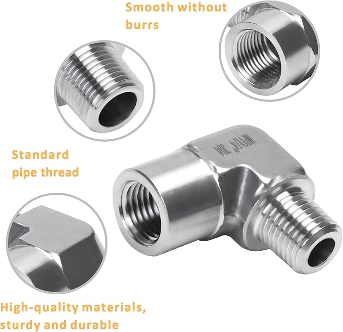 90 Degree Street Elbow - 1/4" NPT Male to 1/4" NPT Female Stainless Steel 304 Heavy Duty Forged Barstock Street Elbow Adapter Pipe Fitting (pack of 2)