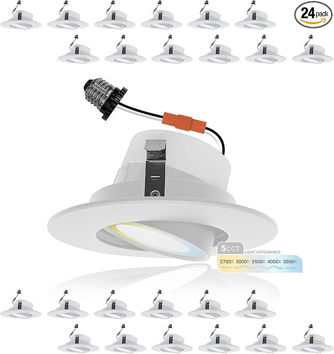 NUWATT 24 Pack 4 Inch Gimbal LED Recessed Lighting Retrofit, 4" Sloped Ceiling Light, 5 CCT 2700K/3000K/3500K/4000K/5000K, Dimmable, High Output 750LM, 10W, 90 CRI Eyeball Lights, Aluminum Trim, ETL