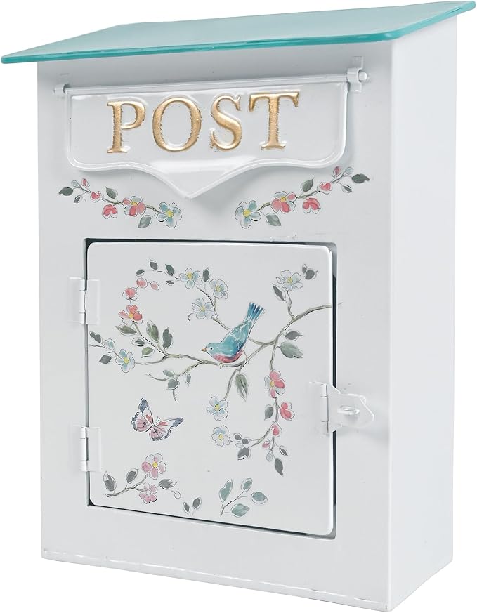 Mailbox Wall Mount Mailboxes for Outside Vintage Mail Boxes for House Outside Metal Drop Box Antique Style Nostalgic Charm Home Decorative, Flower Pattern, White