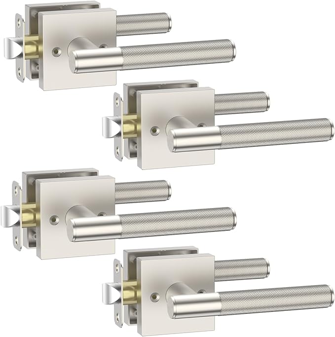 Asidrama 4 Pack Passage Brushed Satin Nickel Door Handles, Door Lever with Door Knobs Indoor for Bedroom or Bathroom, Brushed Satin Nickel Door Handles Interior with Locks for Left Right Sided Doors