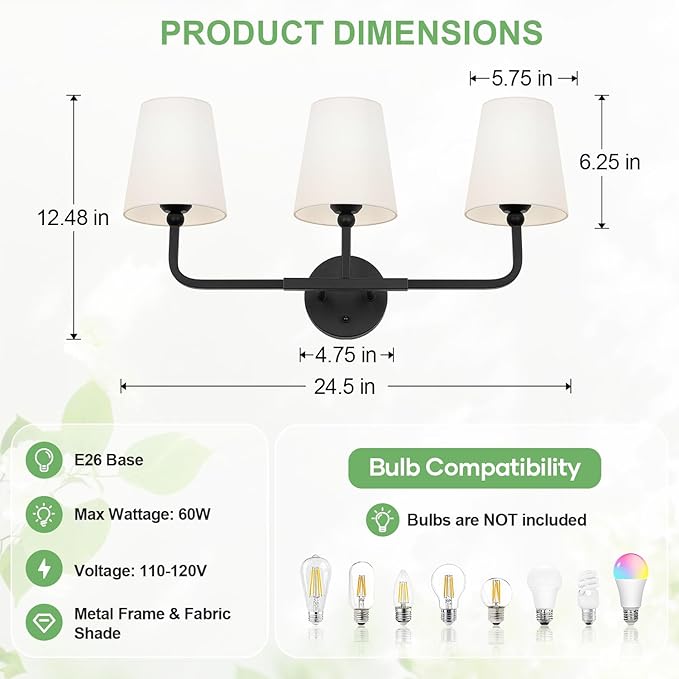 Bathroom Light Fixtures, 3-Light Matte Black Vanity Lights, Bathroom Lighting Fixtures Over Mirror with Flared White Fabric Shade, Modern Wall Sconces for Living Room Hallway