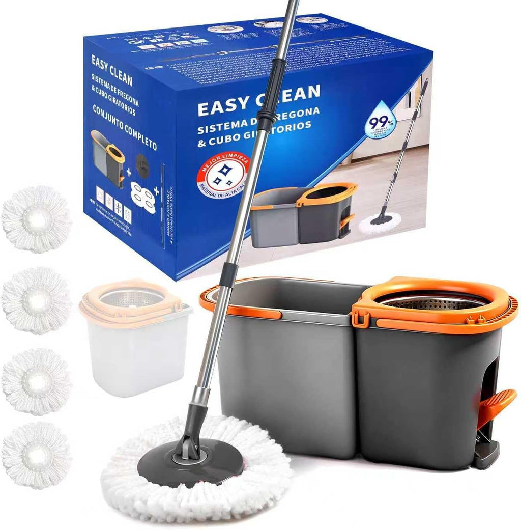Spin Mop and Bucket Set,Detachable Double Buckets Separate Dirty Water with Stainless Steel Wringer for Floor Cleaning,Cleaning Buckets with 4 Mop Head Replacements for Household Use