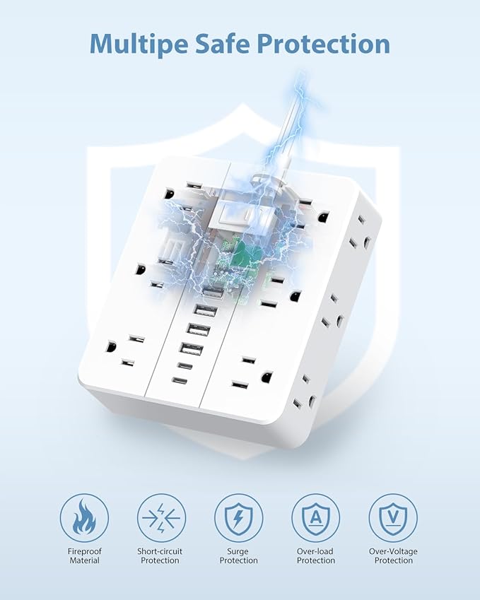 Power Strip Surge Protector 23ft Extension Cord,SMNICE Flat Plug with 12 Outlets 6 USB(2 USB C),Surge Protector Charging Station with Overload Protection for Home, Dorm,Office