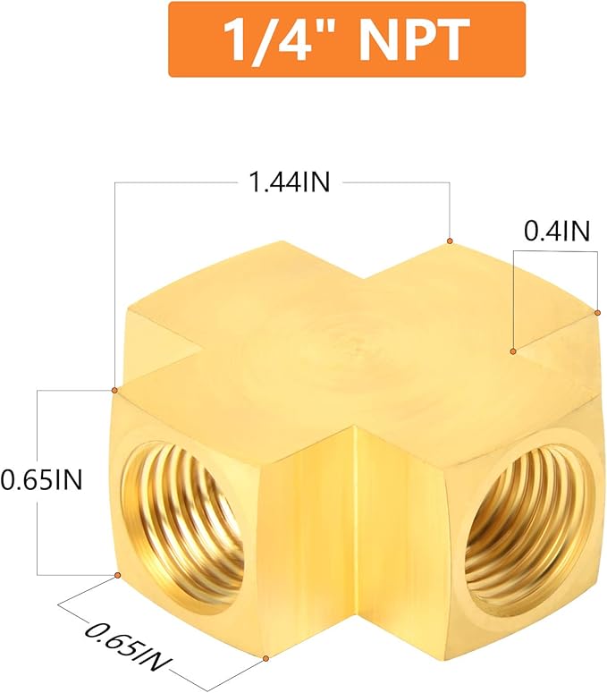 GASHER 1PCS Brass Pipe Fitting, Barstock 4 Way Cros, 1/4" x 1/4" x 1/4" x 1/4" NPT Female Pipe