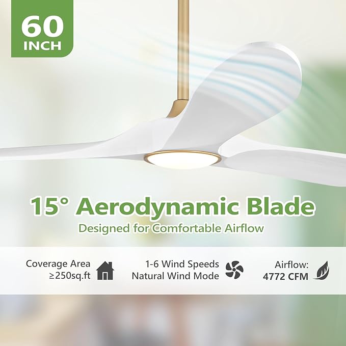 60 Inch Gold Ceiling Fans with Lights and Dimmable Mordern, 3CCT,Outdoor Ceiling Fan with Lights High CFM Quiet 3 Blades Propeller Wood Ceiling Fan for Patio,Porch,Farmhouse,Gazebo