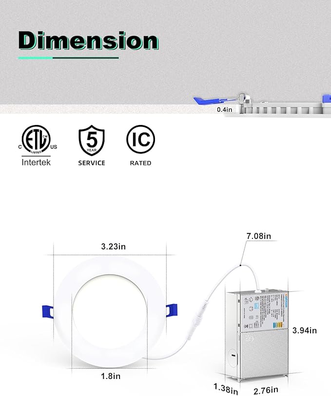 VOLISUN 24 Pack 3 inch Recessed Lighting, 5CCT LED Recessed Light with Junction Box, 2700K-5000K Selectable, Dimmable Canless Wafer Downlight, LED Ceiling Light ETL Certificated