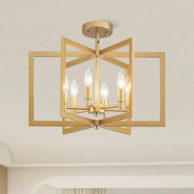 Gold Chandelier Modern Geometric 6-Light, Farmhouse Dining Room Light Fixture Over Table Kitchen Island Lighting Fixtures Metal Hanging Pendant Lighting, E12