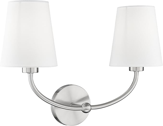 Emak 2-Light Bathroom Light Fixtures, Modern Brushed Nickle Vanity Light with Fabric Shade, Wall Sconces for Bathroom, Living Room, Bedroom, VL116-BN-2