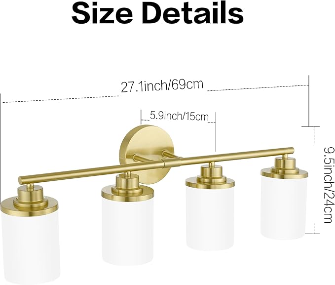 Modern 4-Light Vanity Light Fixtures with Frosted Glass, Brushed Gold Bathroom Sconces Over Mirror