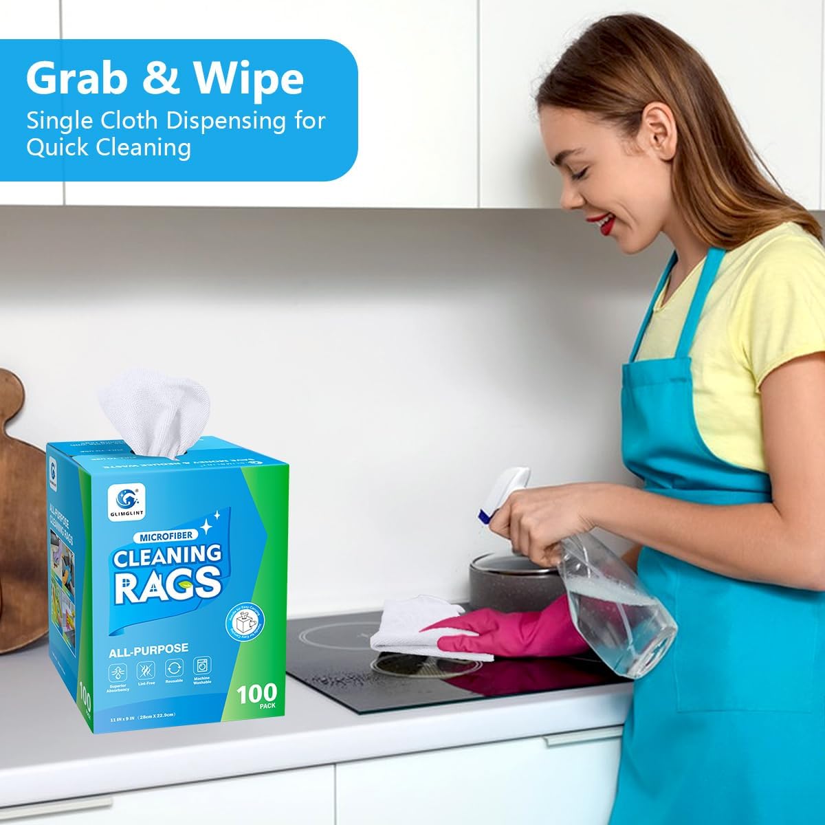 GLIMGLINT Microfiber Cleaning Cloth, 100 Pack Shop Towels, Lint-Free, Ultra Absorbent Reusable or Disposable Microfiber Cloths for Kitchen, Car, Cleaning Rags, 11" x 9", White