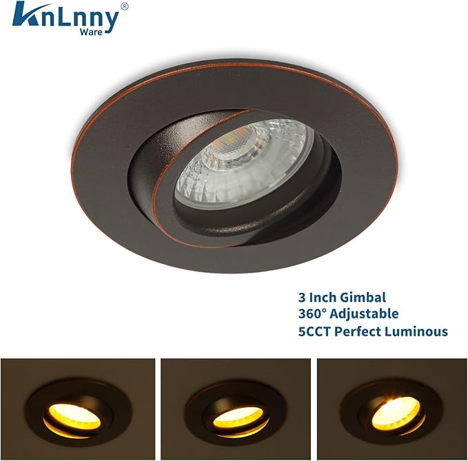 Bronze 3 Inch Recessed Lighting 6 Pack, Ajustable Eyeball recessed Light with Junction Box,5 Color Selectable,Airtight,7W 550LM,Dimmable,Bronze