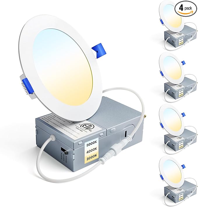 Ensenior 4 Pack 4 Inch LED Recessed Light, Dimmable, 3000K-5000K 3CCT, 750LM High Brightness, 9W 120V, Damp Rated, Ultra-Thin Canless Wafer Ceiling Light - ETL & FCC & IC