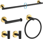 TURS Black and Gold Bathroom Hardware Set 5 Piece, SUS304 Stainless Steel Gold Black Towel Bar Set, 24 Inch Bathroom Accessories Kit Wall Mounted