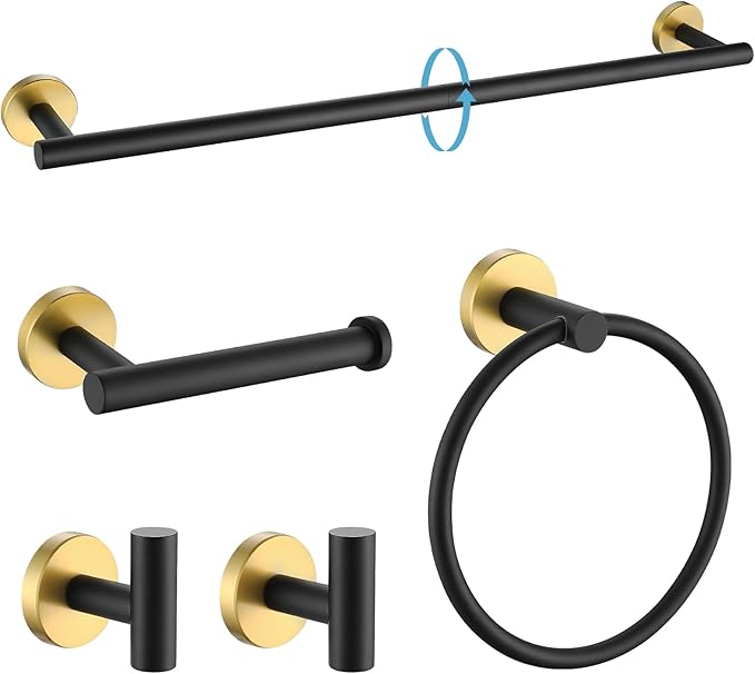 TURS Black and Gold Bathroom Hardware Set 5 Piece, SUS304 Stainless Steel Gold Black Towel Bar Set, 24 Inch Bathroom Accessories Kit Wall Mounted