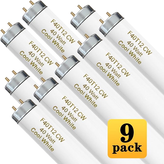 T12 48 Inches 40 Watt Fluorescent Tube, F40T12/CW Light Bulb, F40T12/841, 4 Foot T12 Fluorescent Light Bulb, Cool White 4100K, 3260 Lumens, G13 Bi-Pin Base 9 Pack