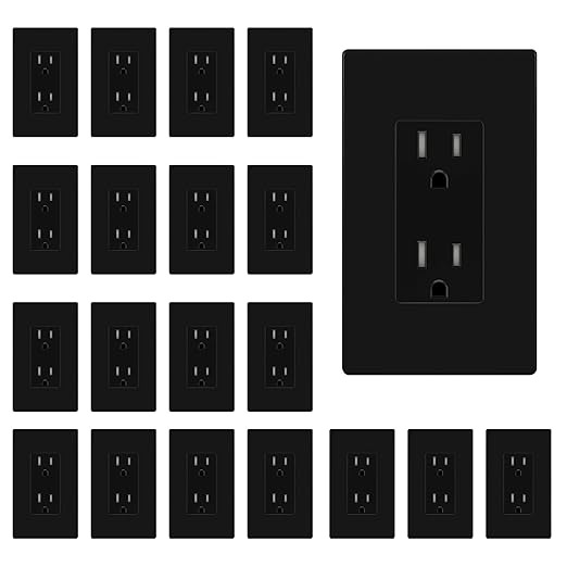ENERLITES 20 Pack Black Decorator Receptacle with Screwless Wall Plate, Standard Electrical Wall Outlet, 15A 125V, Self-Grounding, 2-Pole, 3-Wire, 5-15R, UL Listed, 61502-TR-BKSID, Tamper Resistant